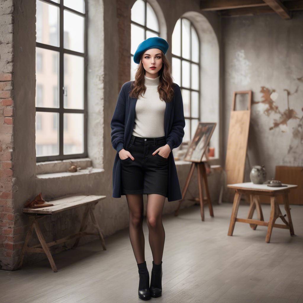 A stunning image of chic girl with a beret in an artistic loft.