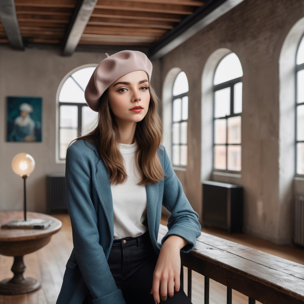 A stunning image of chic girl with a beret in an artistic loft.