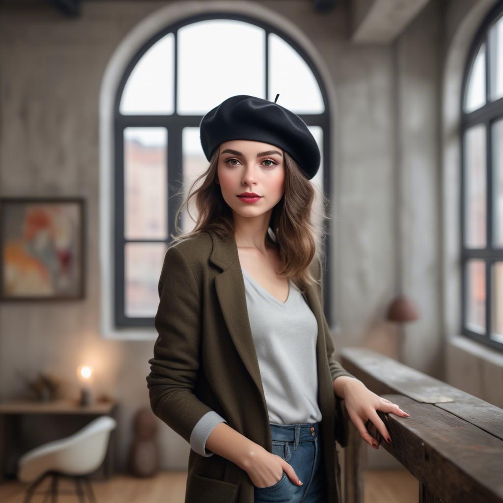 A stunning image of chic girl with a beret in an artistic loft.