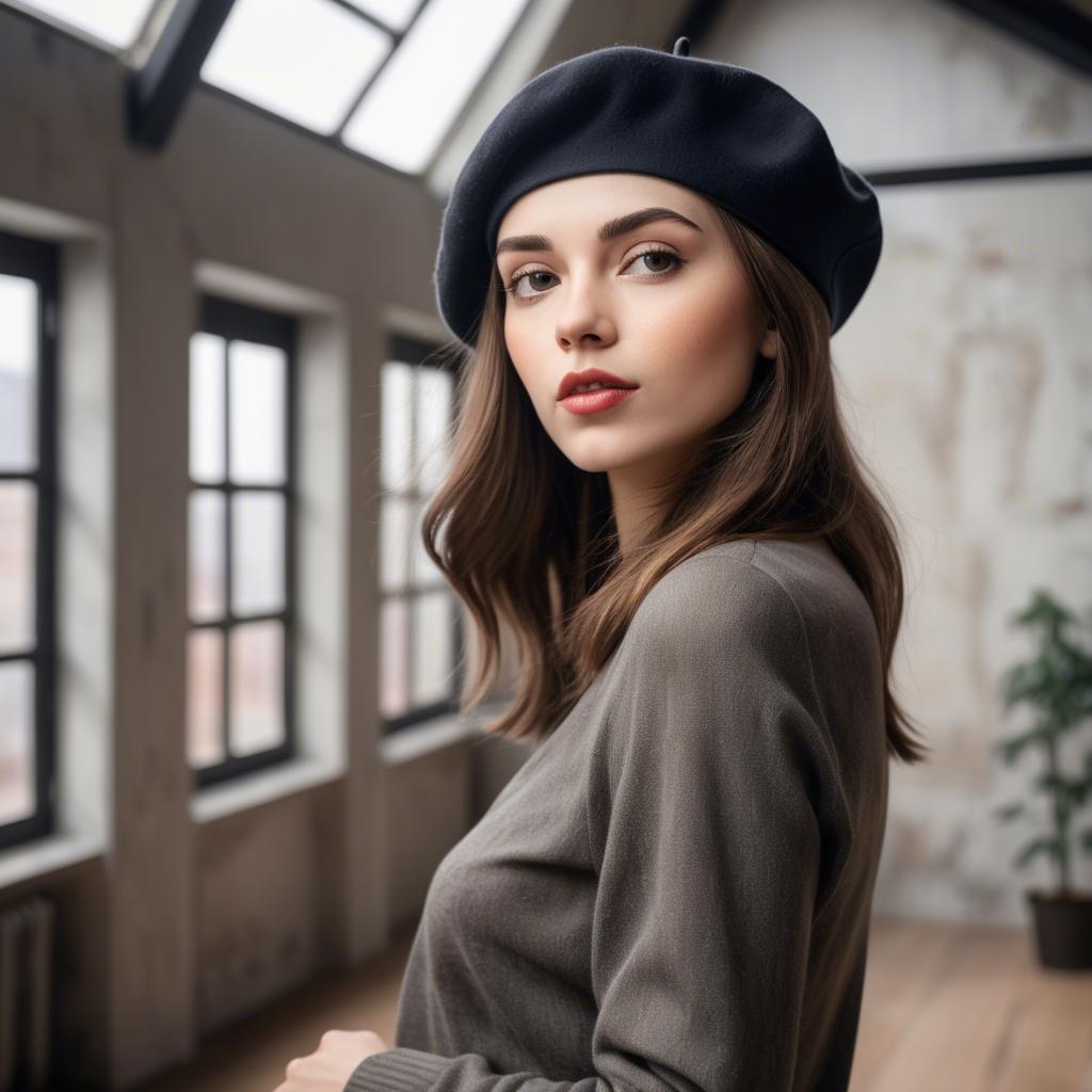 A stunning image of chic girl with a beret in an artistic loft.