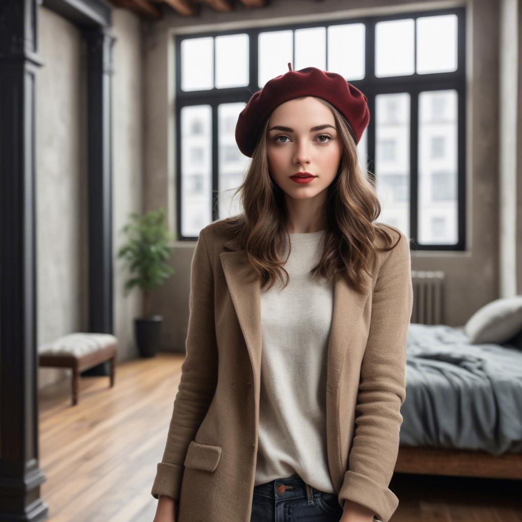 A stunning image of chic girl with a beret in an artistic loft.