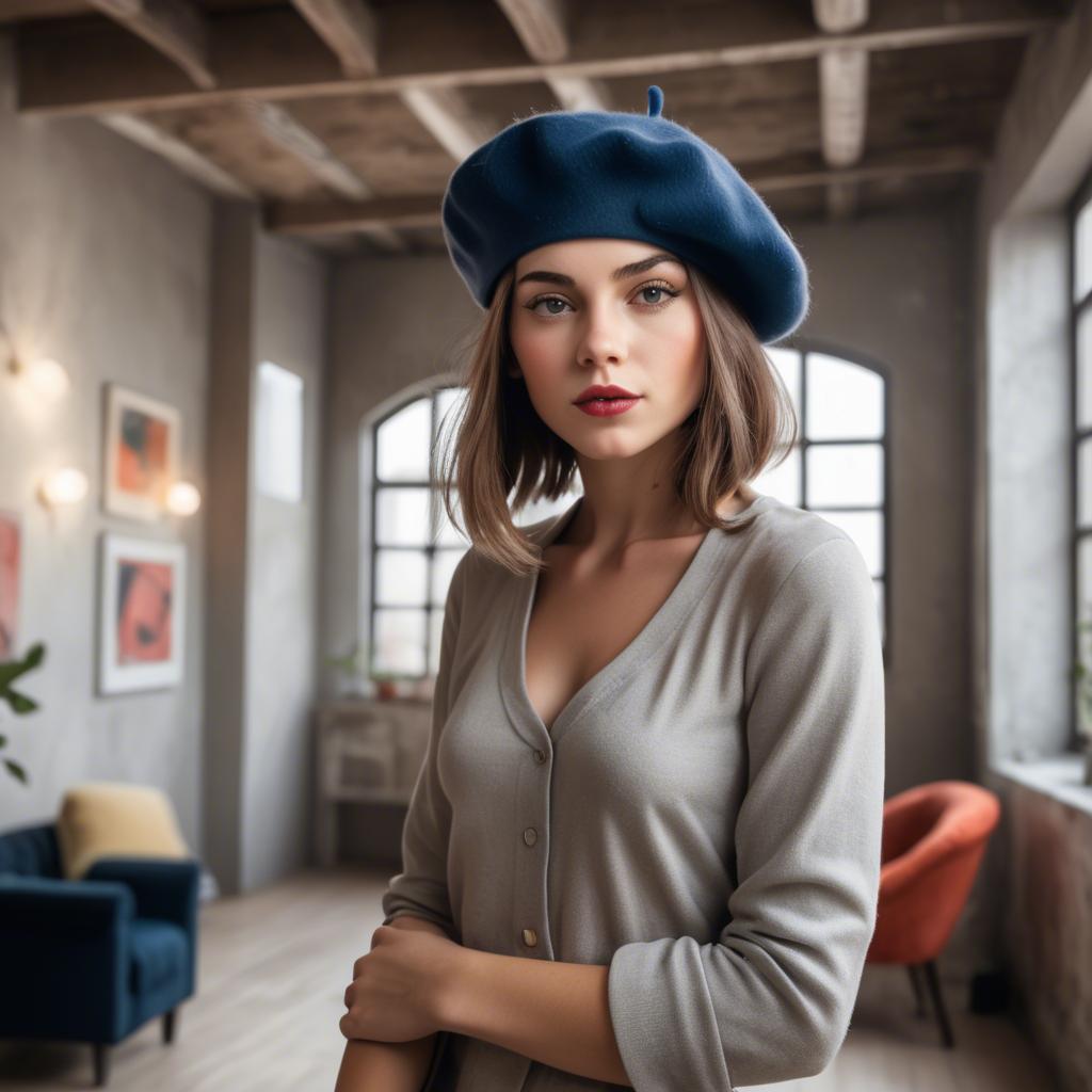 A stunning image of chic girl with a beret in an artistic loft.