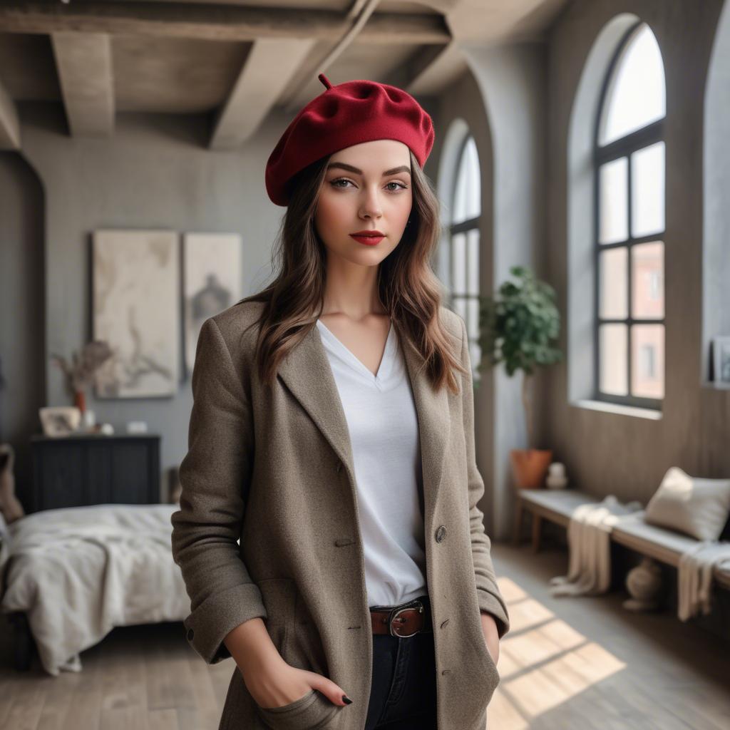 A stunning image of chic girl with a beret in an artistic loft.