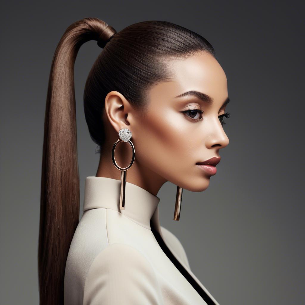 A stunning image of chic lady with a sleek ponytail and dramatic earrings.