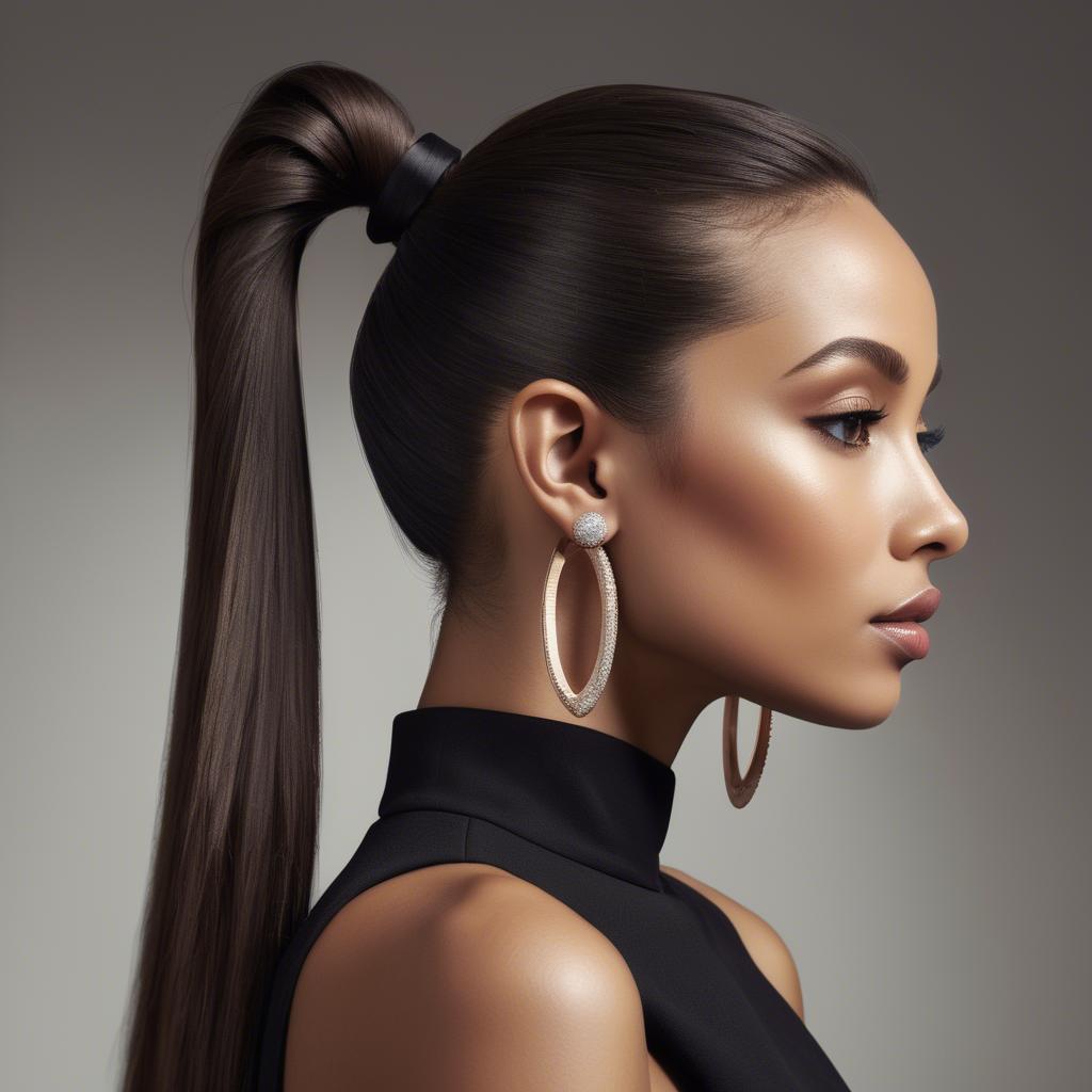 A stunning image of chic lady with a sleek ponytail and dramatic earrings.