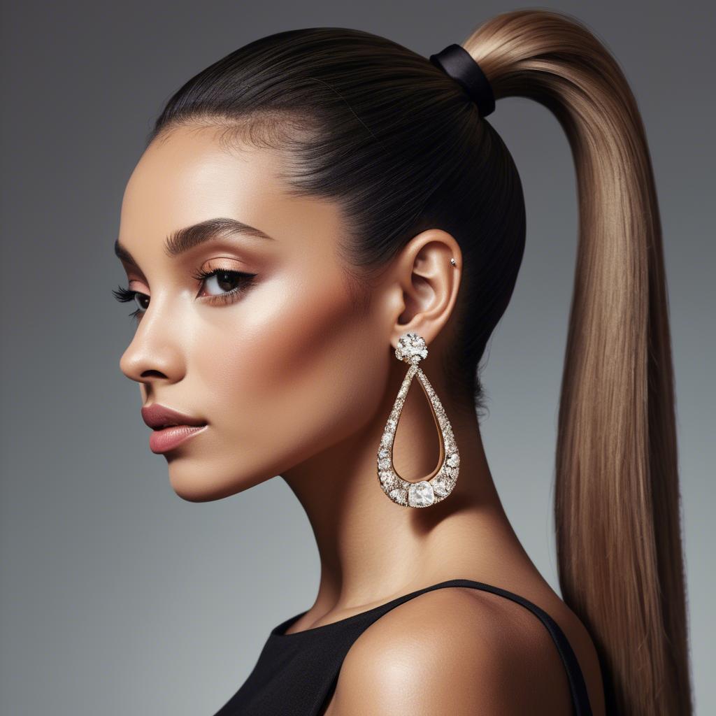 A stunning image of chic lady with a sleek ponytail and dramatic earrings.