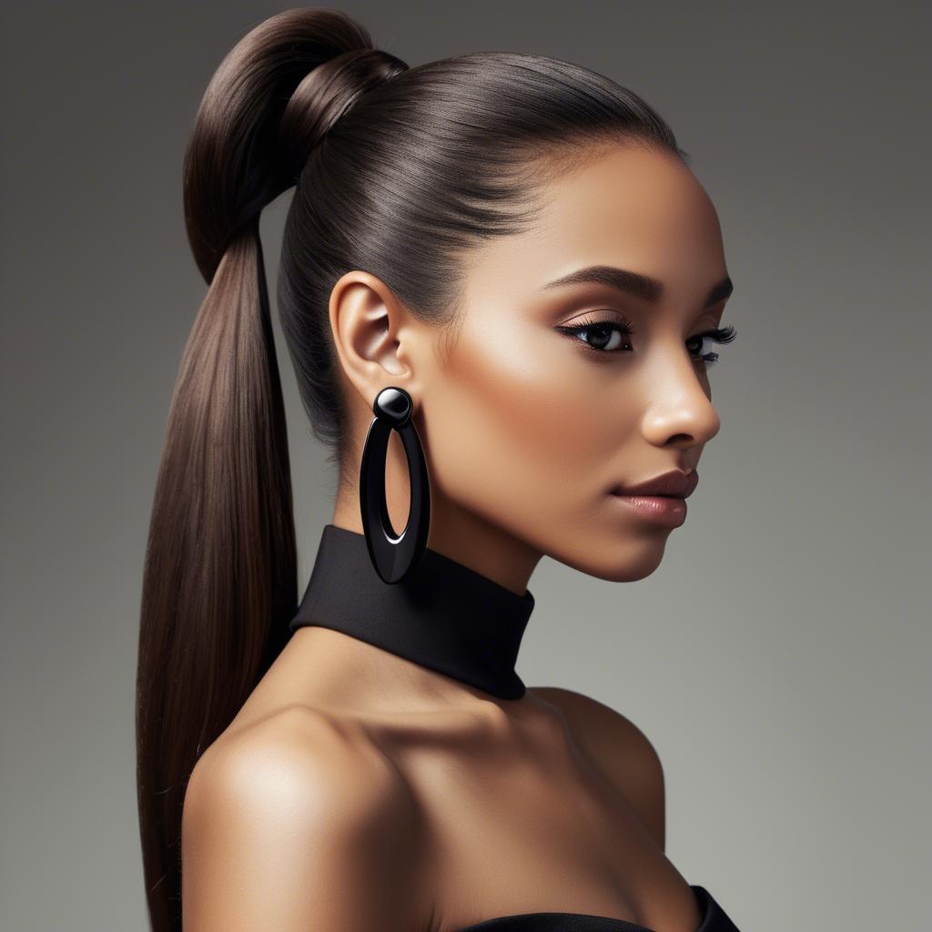 A stunning image of chic lady with a sleek ponytail and dramatic earrings.
