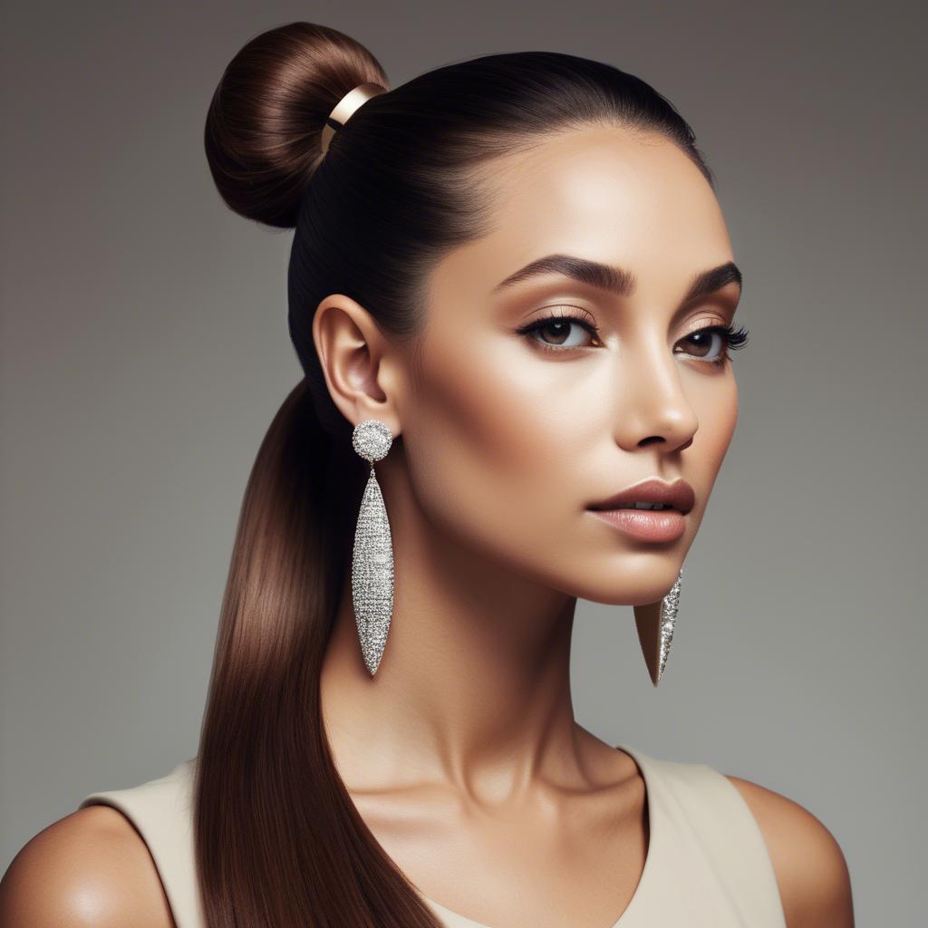 A stunning image of chic lady with a sleek ponytail and dramatic earrings.