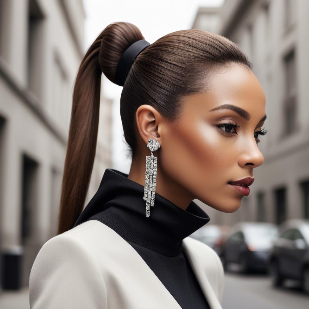 A stunning image of chic lady with a sleek ponytail and dramatic earrings.