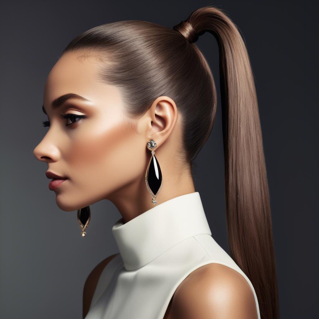 A stunning image of chic lady with a sleek ponytail and dramatic earrings.