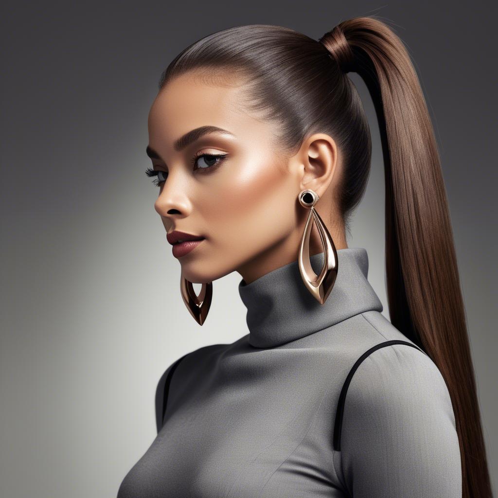 A stunning image of chic lady with a sleek ponytail and dramatic earrings.