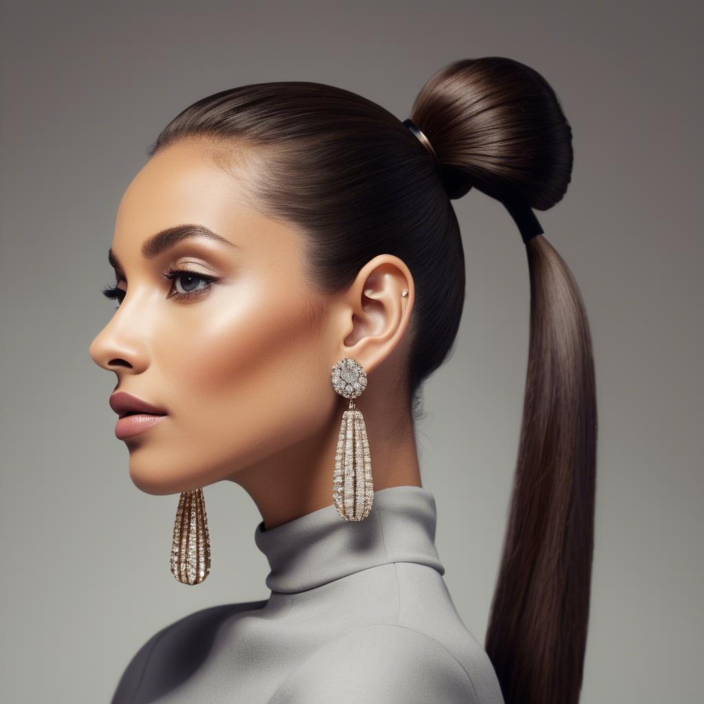 A stunning image of chic lady with a sleek ponytail and dramatic earrings.