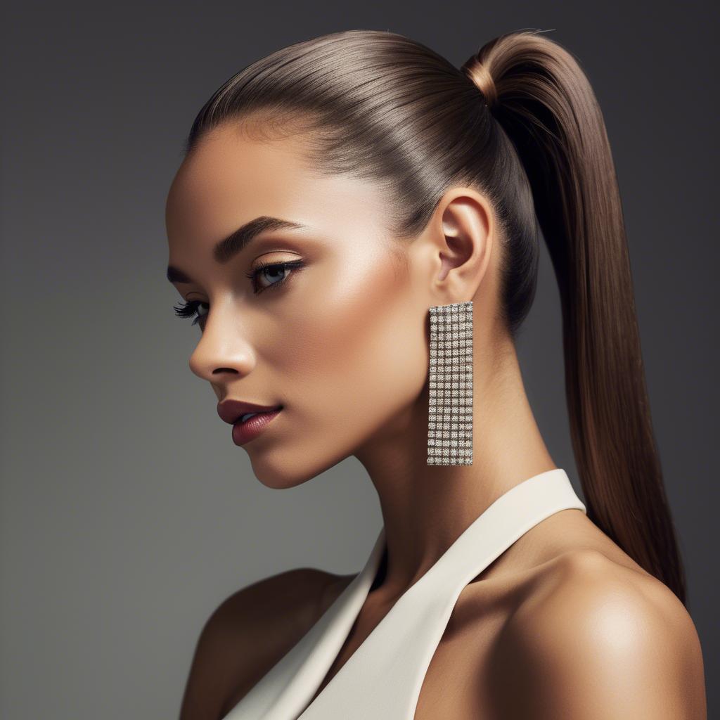 A stunning image of chic lady with a sleek ponytail and dramatic earrings.
