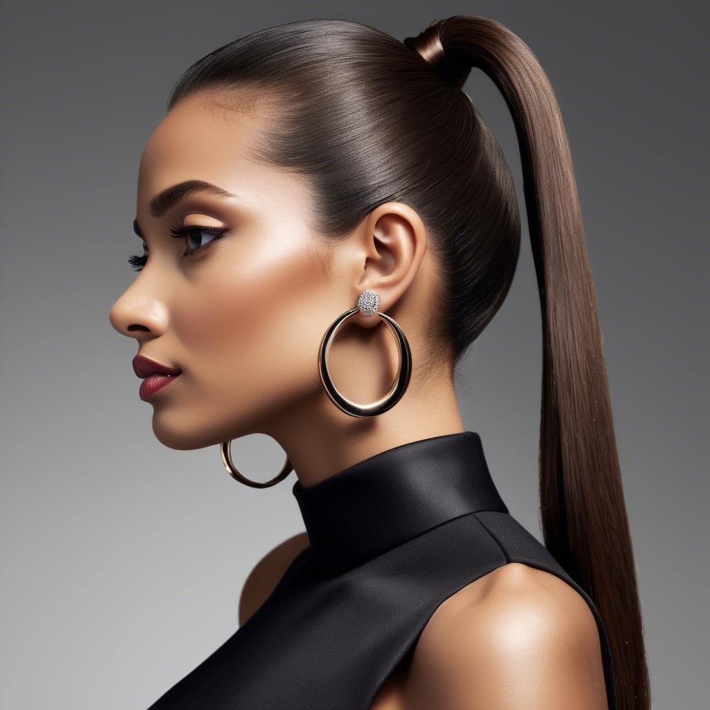 A stunning image of chic lady with a sleek ponytail and dramatic earrings.