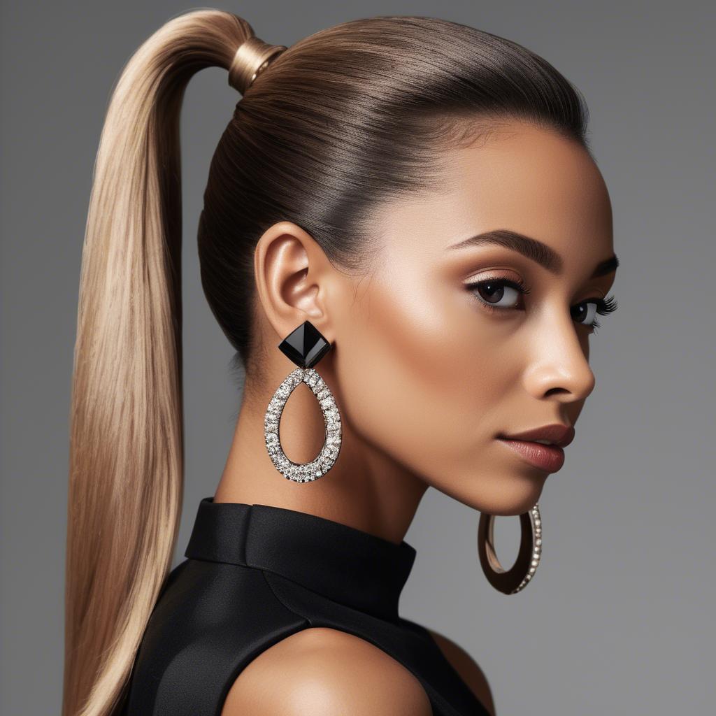 A stunning image of chic lady with a sleek ponytail and dramatic earrings.