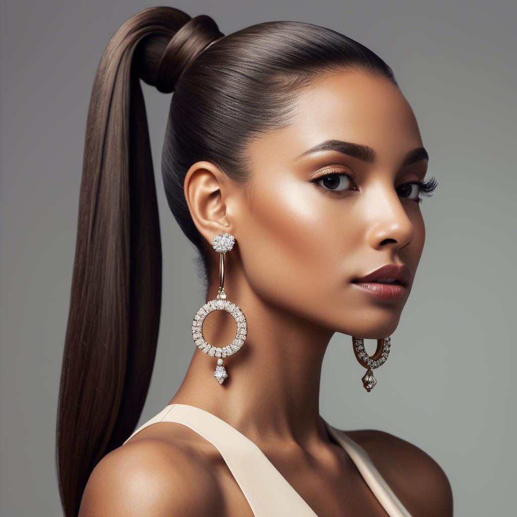 A stunning image of chic lady with a sleek ponytail and dramatic earrings.