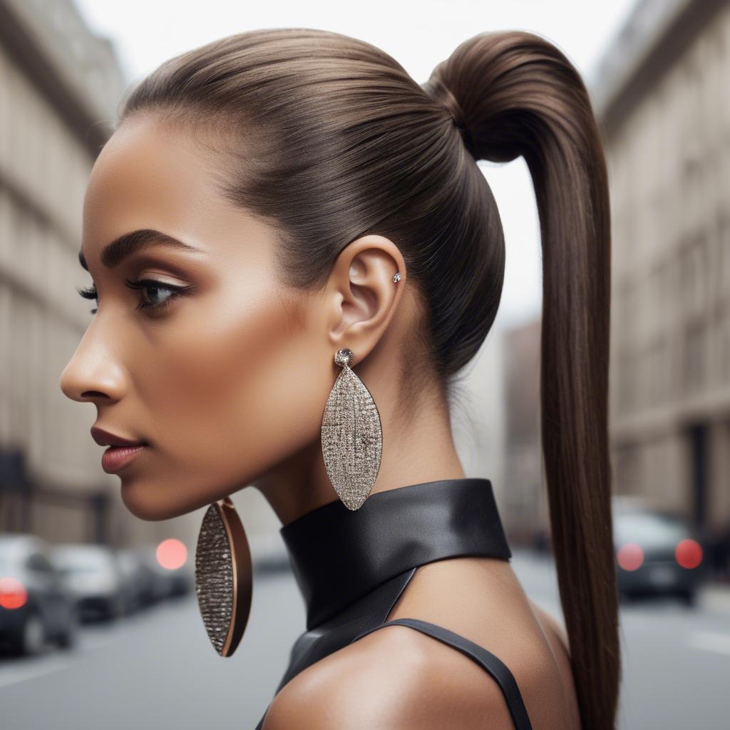 A stunning image of chic lady with a sleek ponytail and dramatic earrings.