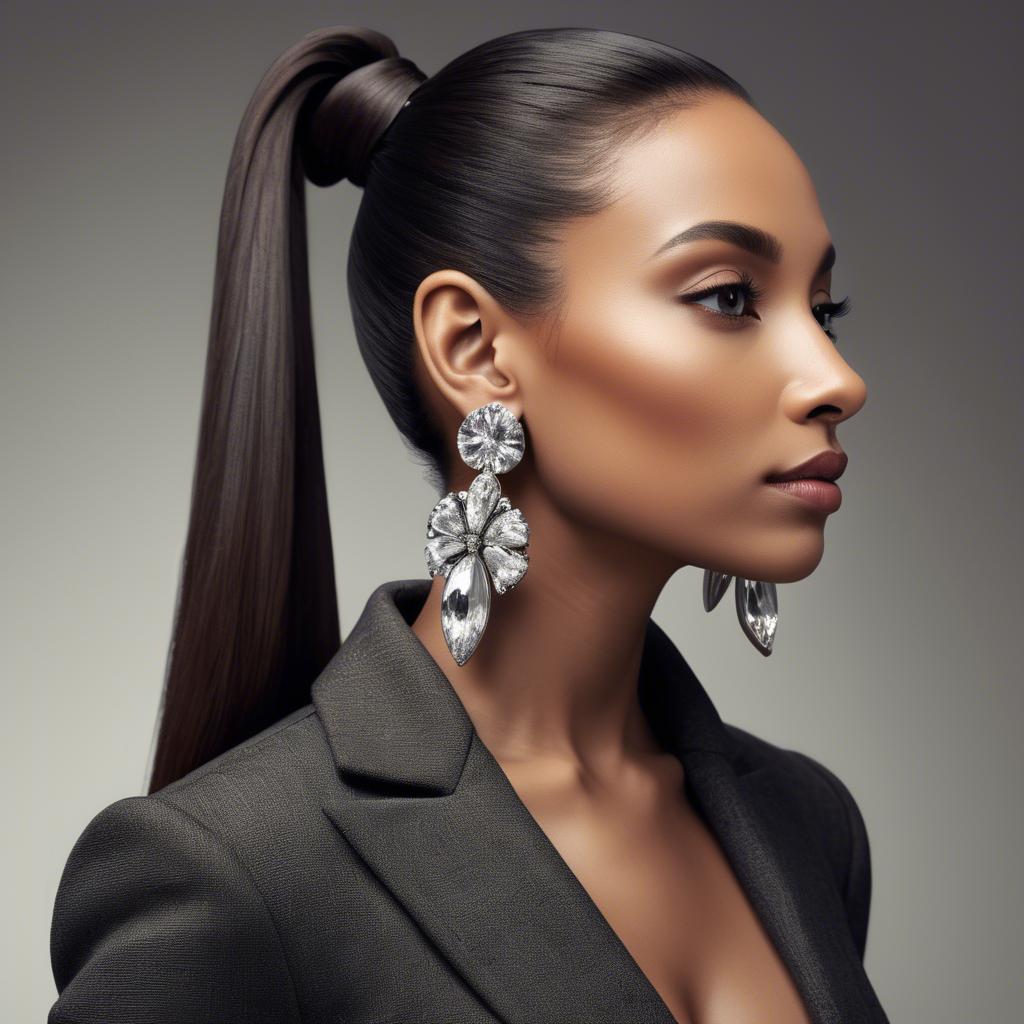 A stunning image of chic lady with a sleek ponytail and dramatic earrings.