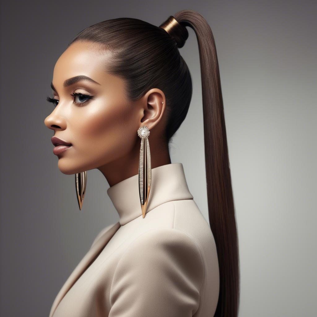 A stunning image of chic lady with a sleek ponytail and dramatic earrings.