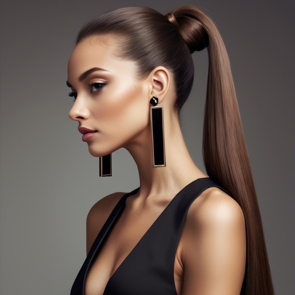A stunning image of chic lady with a sleek ponytail and dramatic earrings.