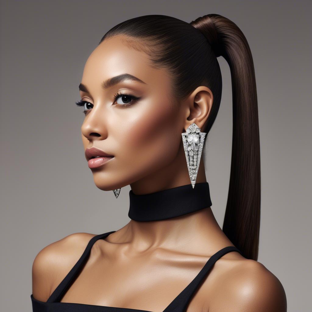 A stunning image of chic lady with a sleek ponytail and dramatic earrings.