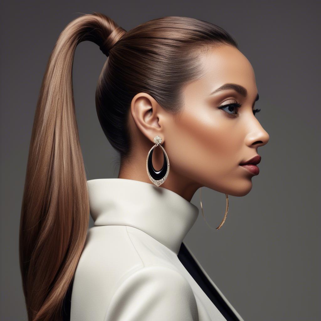 A stunning image of chic lady with a sleek ponytail and dramatic earrings.