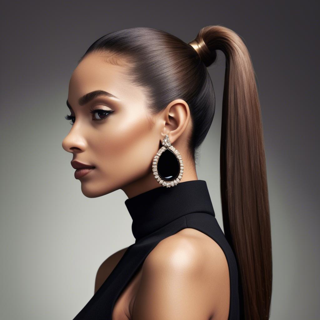 A stunning image of chic lady with a sleek ponytail and dramatic earrings.