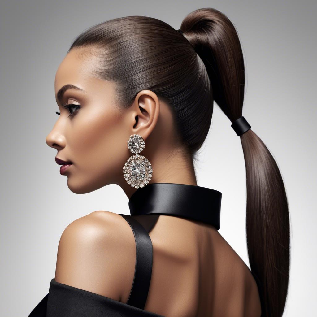 A stunning image of chic lady with a sleek ponytail and dramatic earrings.