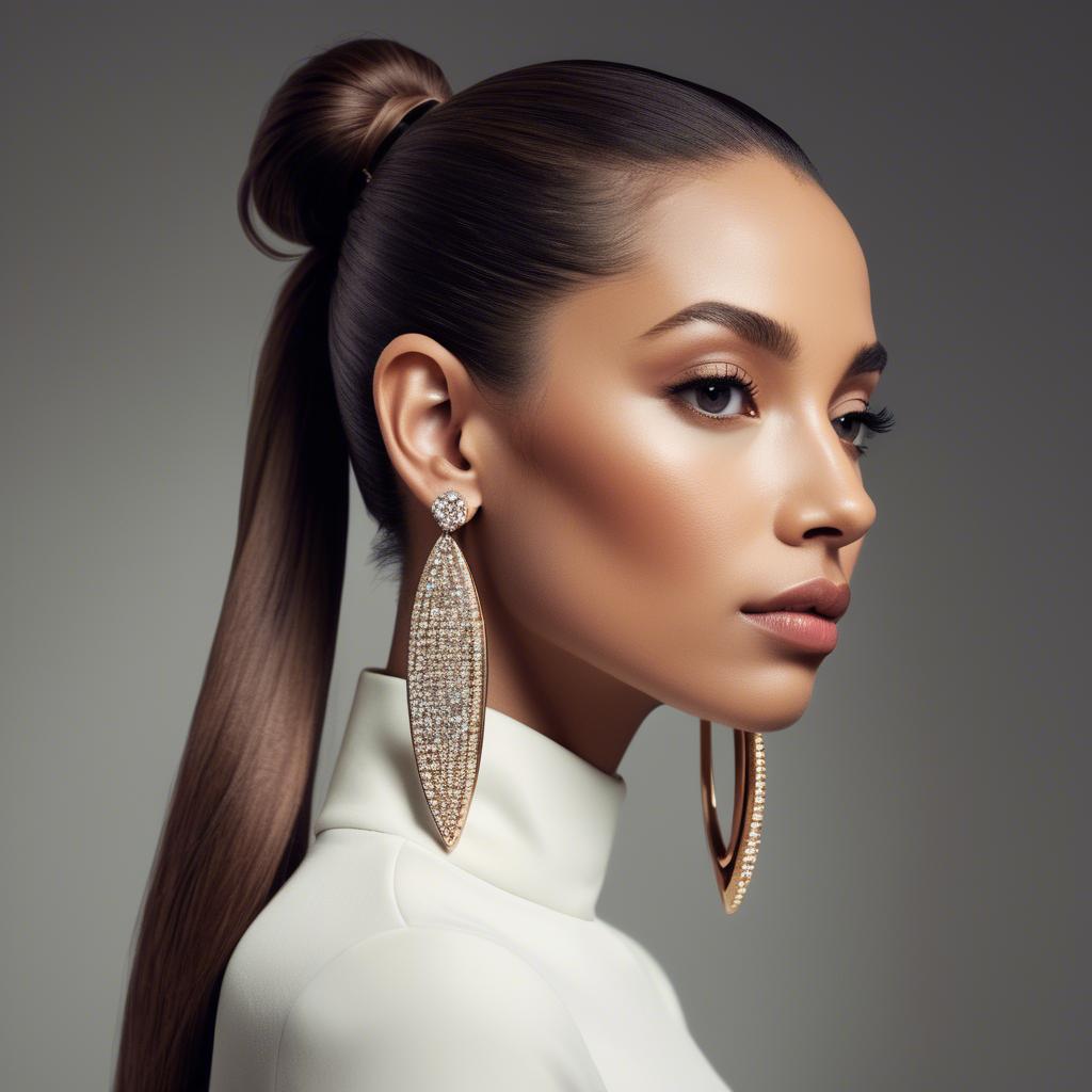 A stunning image of chic lady with a sleek ponytail and dramatic earrings.