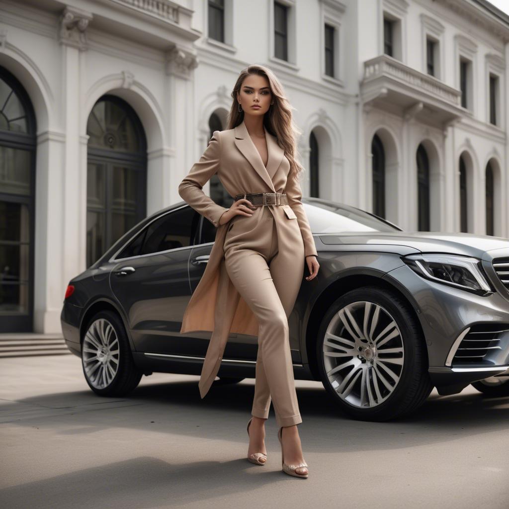 A stunning image of chic urban model posing by a luxury car.