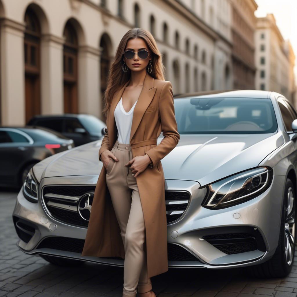 A stunning image of chic urban model posing by a luxury car.