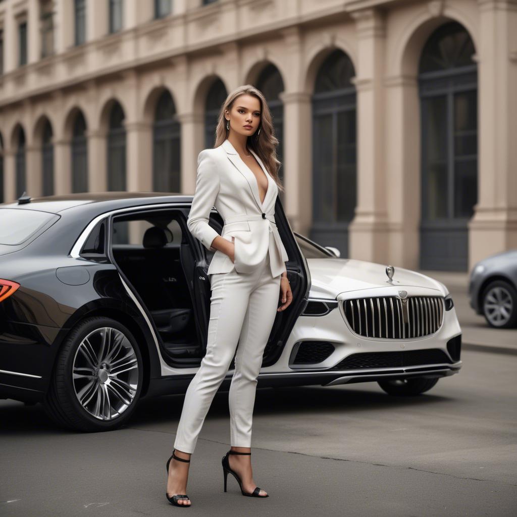 A stunning image of chic urban model posing by a luxury car.
