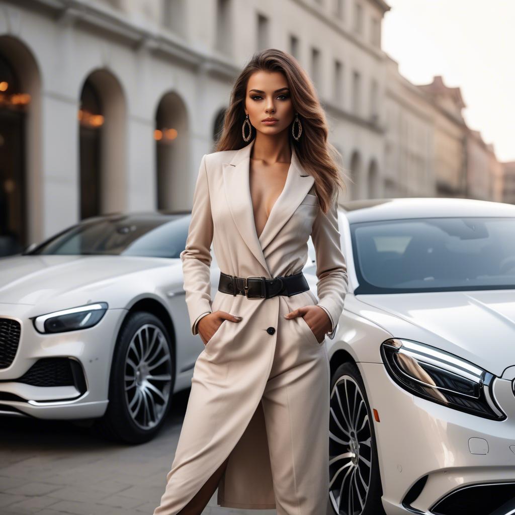 A stunning image of chic urban model posing by a luxury car.