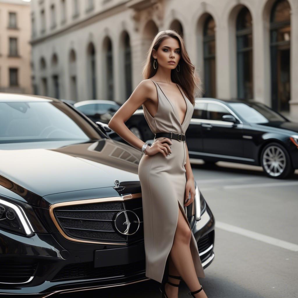A stunning image of chic urban model posing by a luxury car.
