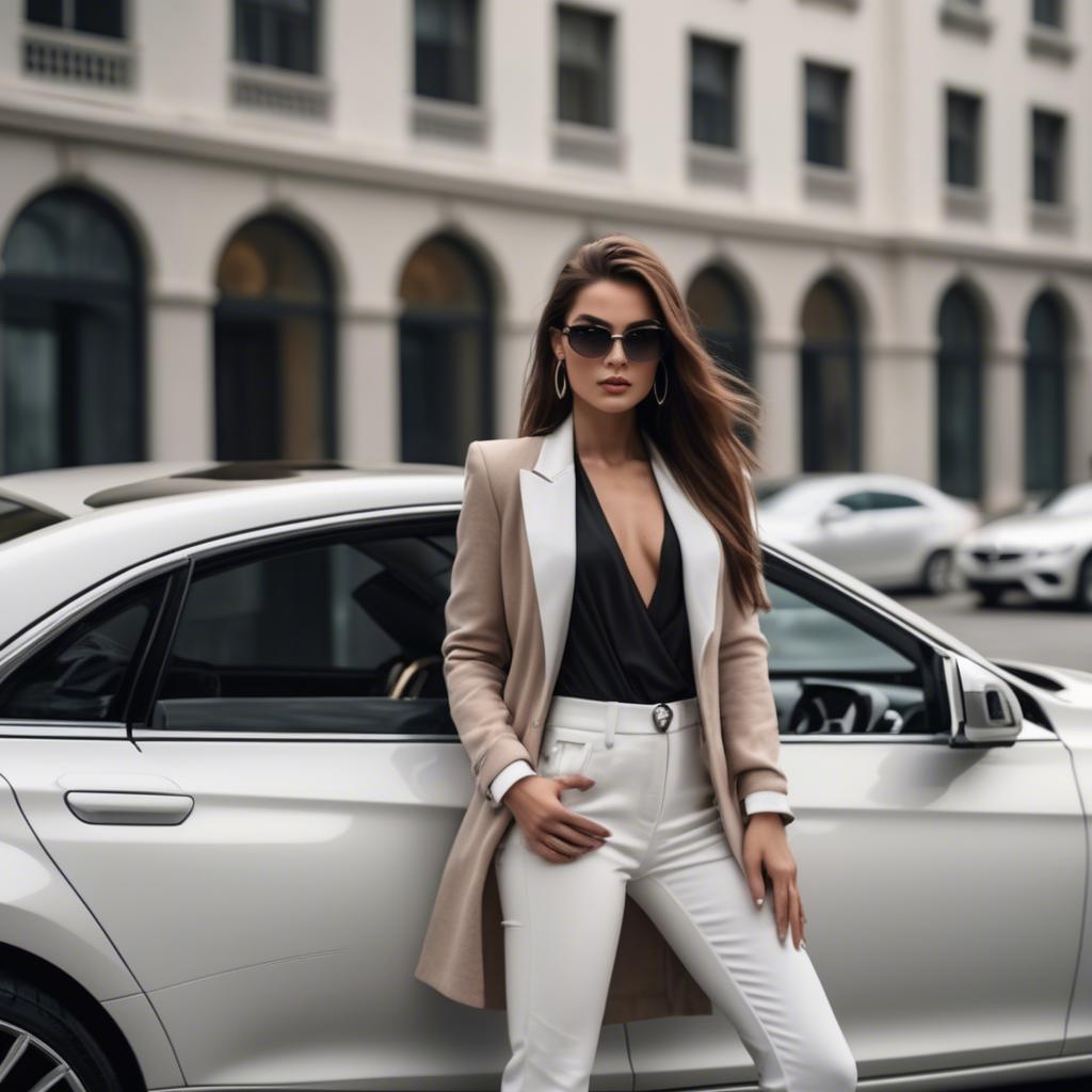 A stunning image of chic urban model posing by a luxury car.