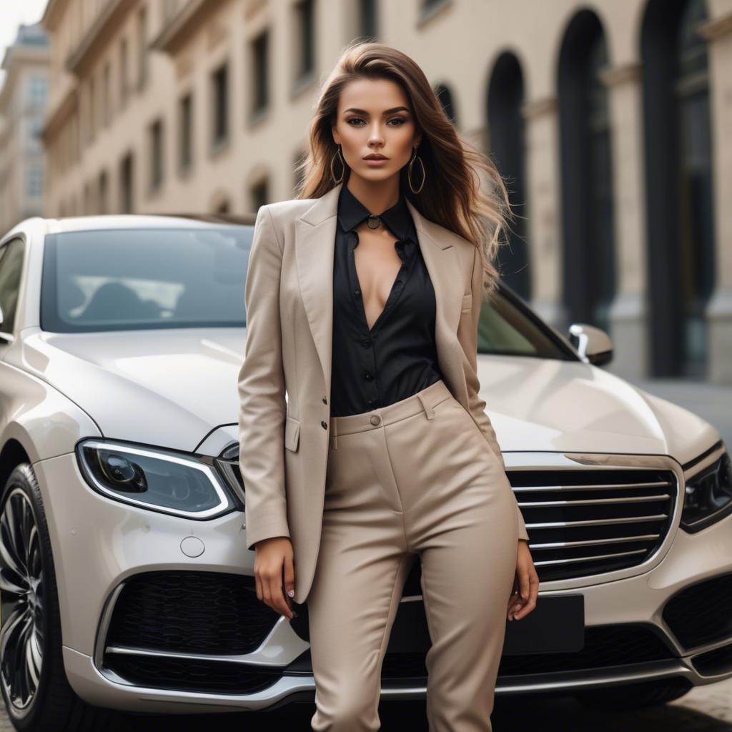 A stunning image of chic urban model posing by a luxury car.