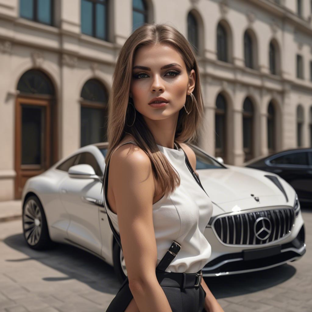 A stunning image of chic urban model posing by a luxury car.