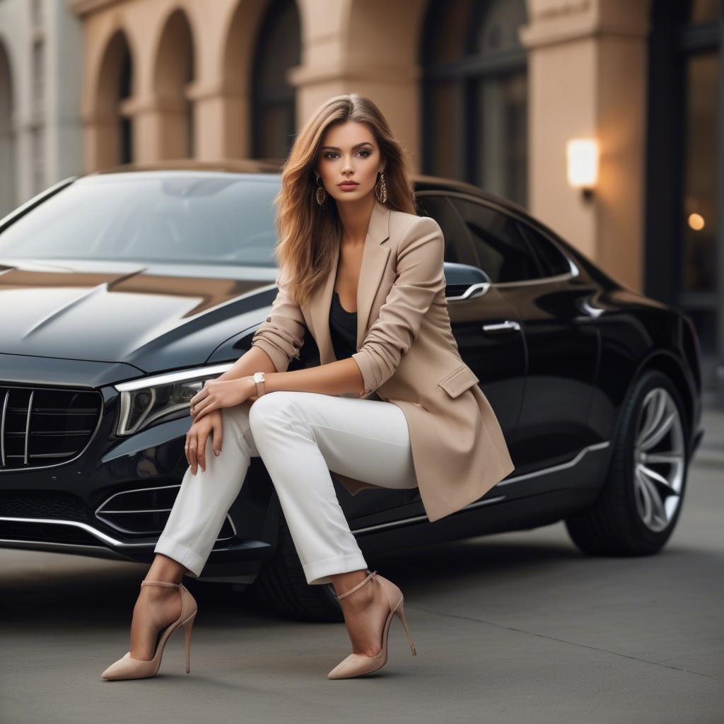 A stunning image of chic urban model posing by a luxury car.