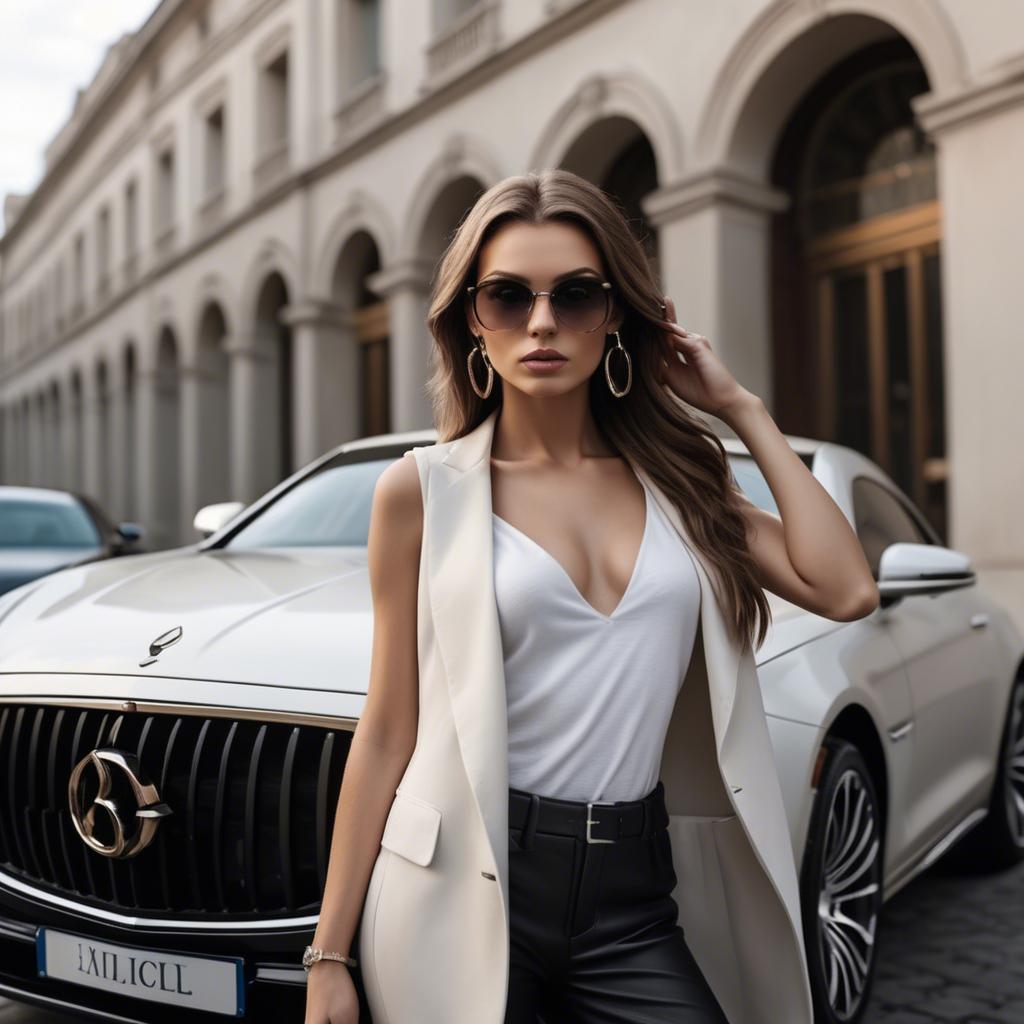 A stunning image of chic urban model posing by a luxury car.