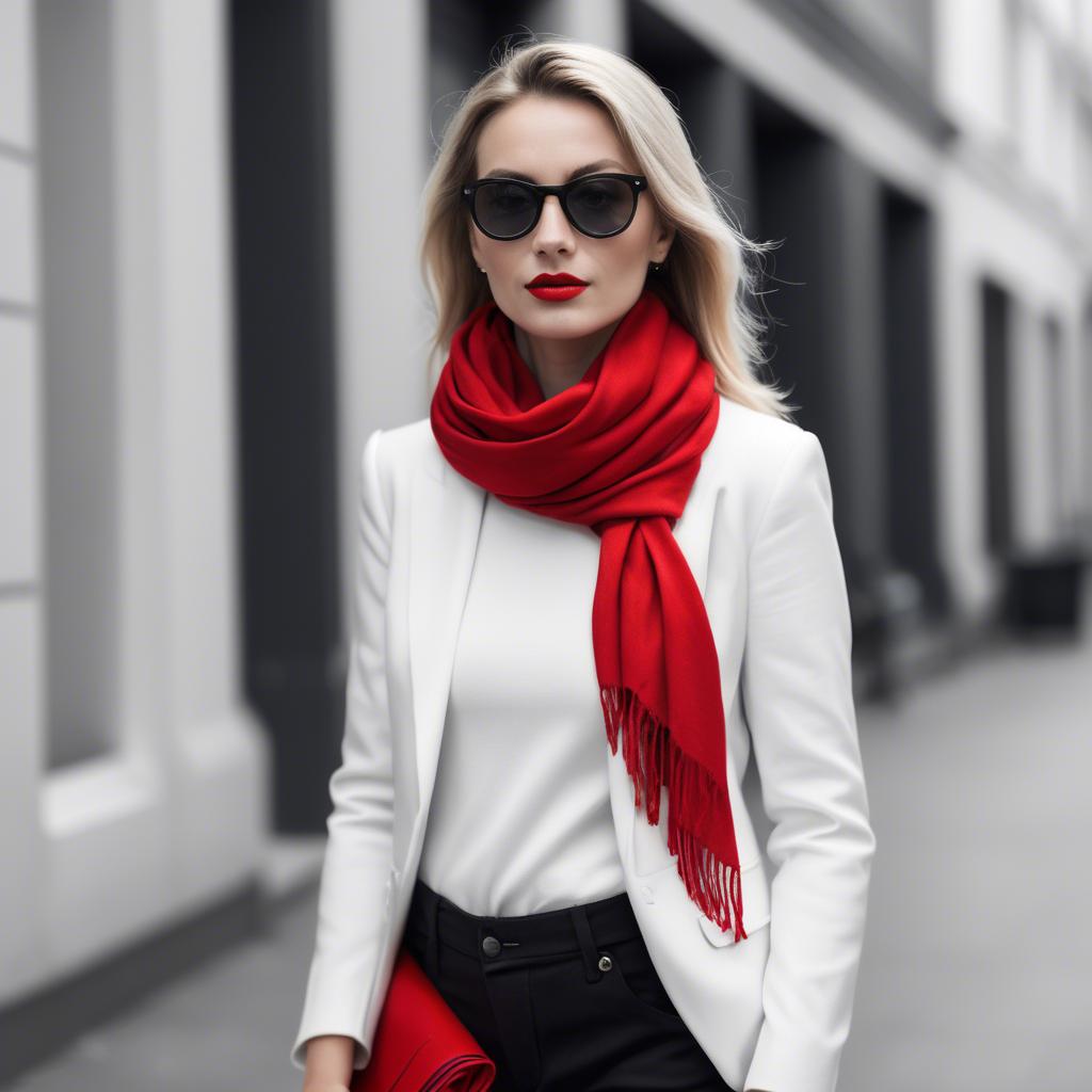 A stunning image of chic woman in a monochrome outfit with a red scarf.
