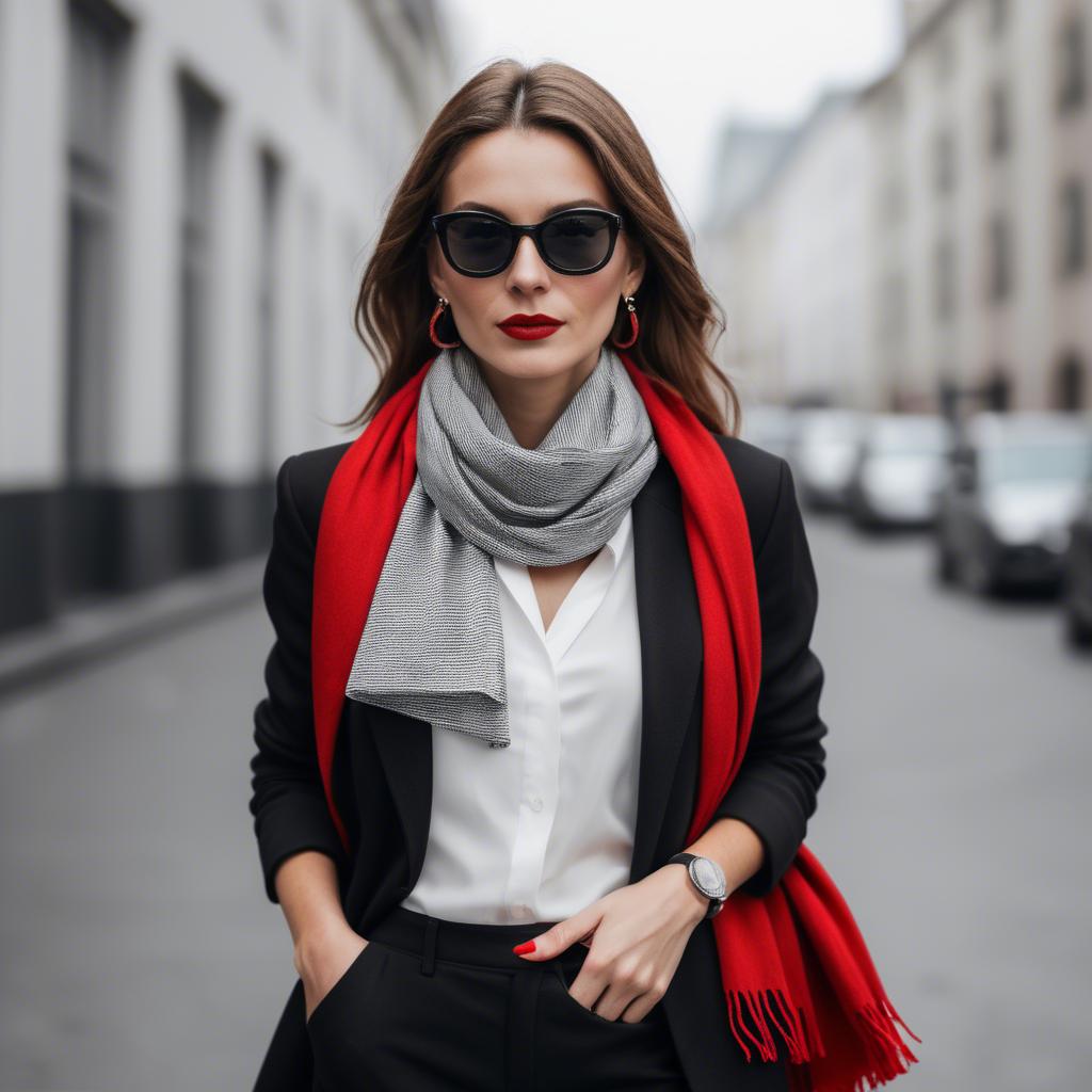 A stunning image of chic woman in a monochrome outfit with a red scarf.