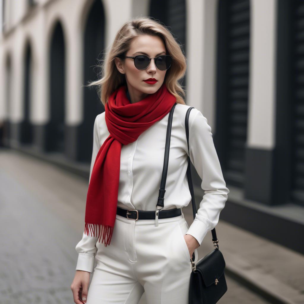 A stunning image of chic woman in a monochrome outfit with a red scarf.