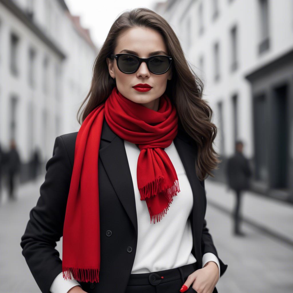 A stunning image of chic woman in a monochrome outfit with a red scarf.