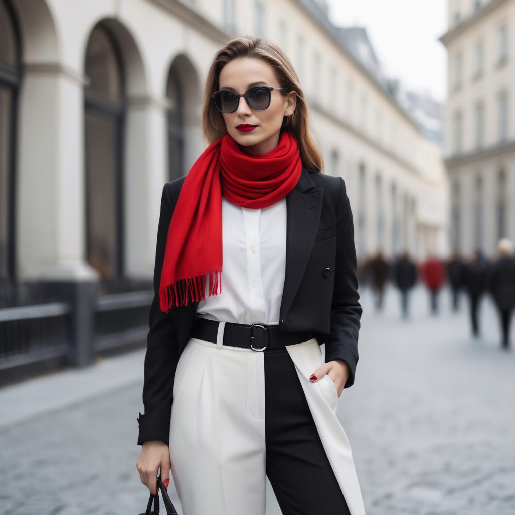 A stunning image of chic woman in a monochrome outfit with a red scarf.
