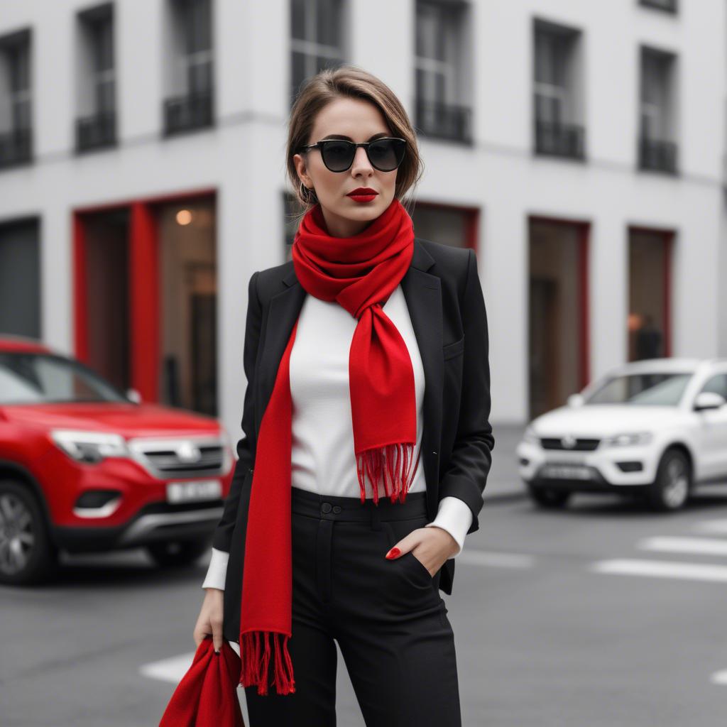 A stunning image of chic woman in a monochrome outfit with a red scarf.