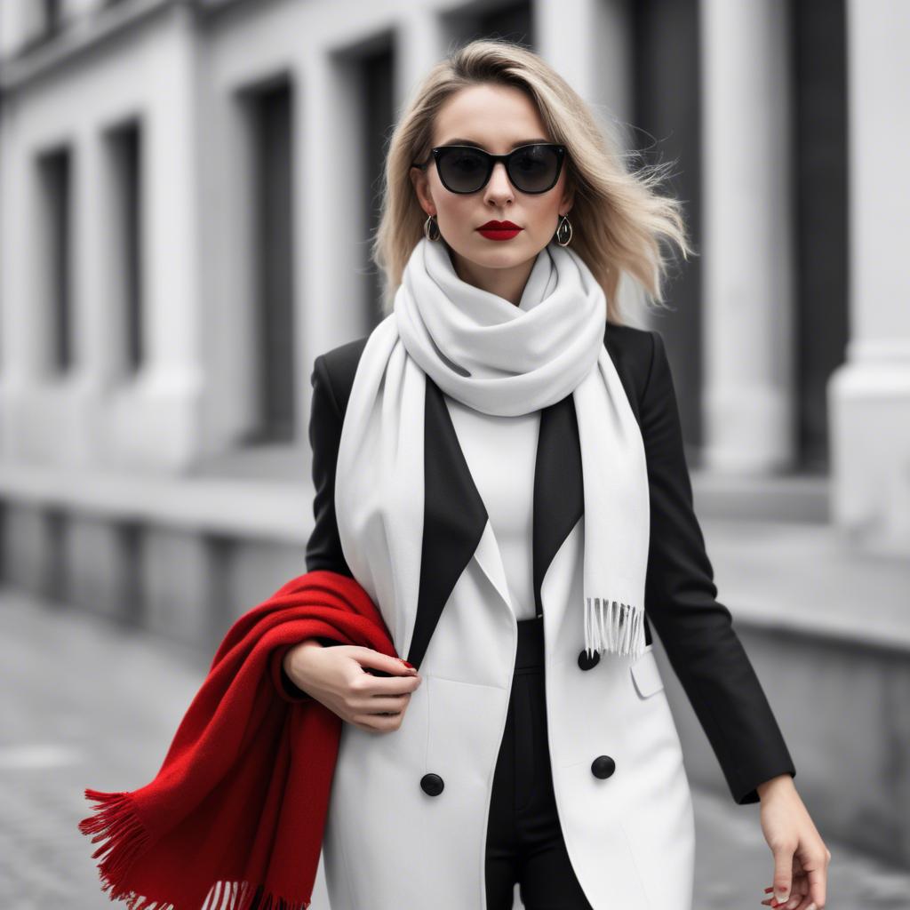 A stunning image of chic woman in a monochrome outfit with a red scarf.