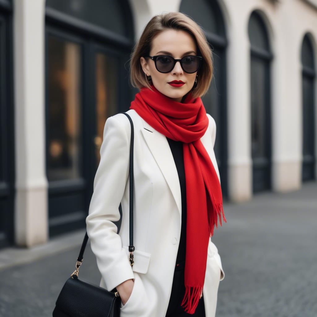 A stunning image of chic woman in a monochrome outfit with a red scarf.