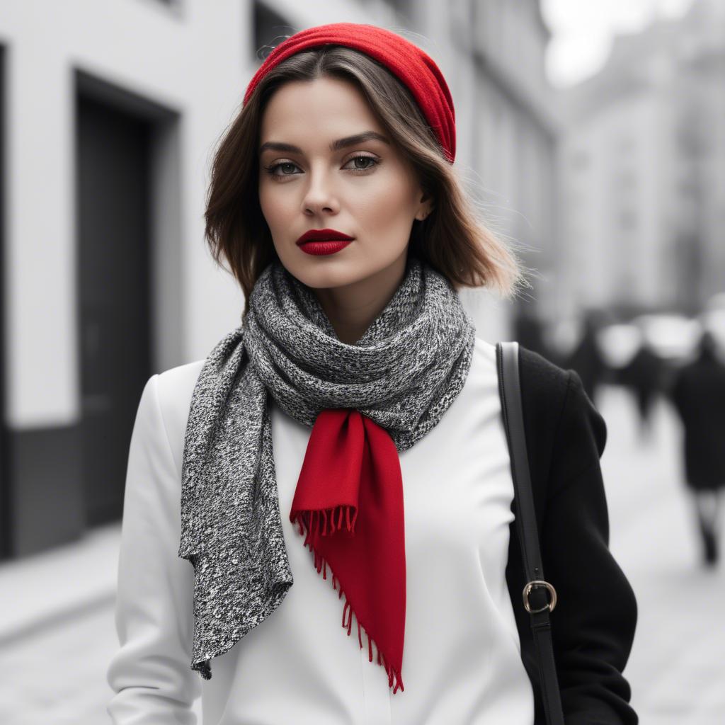 A stunning image of chic woman in a monochrome outfit with a red scarf.