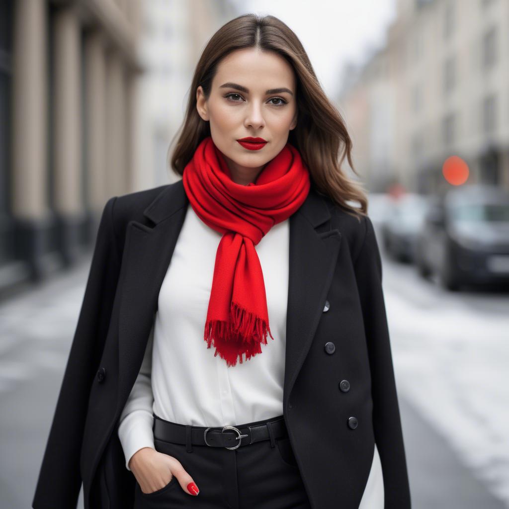 A stunning image of chic woman in a monochrome outfit with a red scarf.