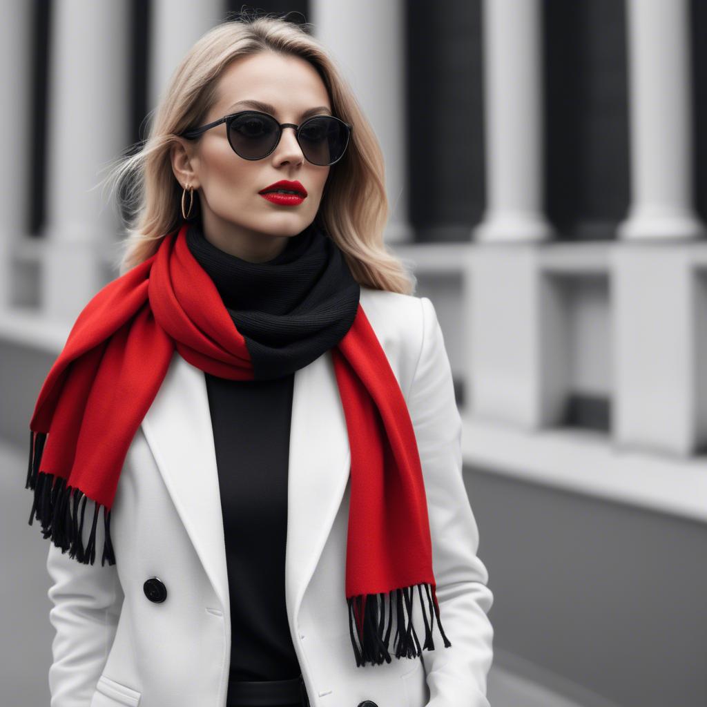 A stunning image of chic woman in a monochrome outfit with a red scarf.